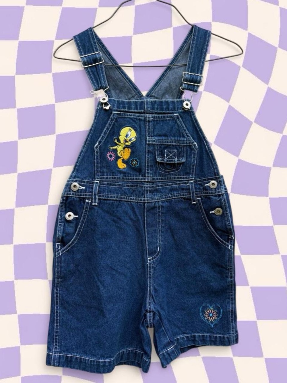 Warner Bros. Tweety Bird Denim Shortalls 90s Vintage Looney Tunes